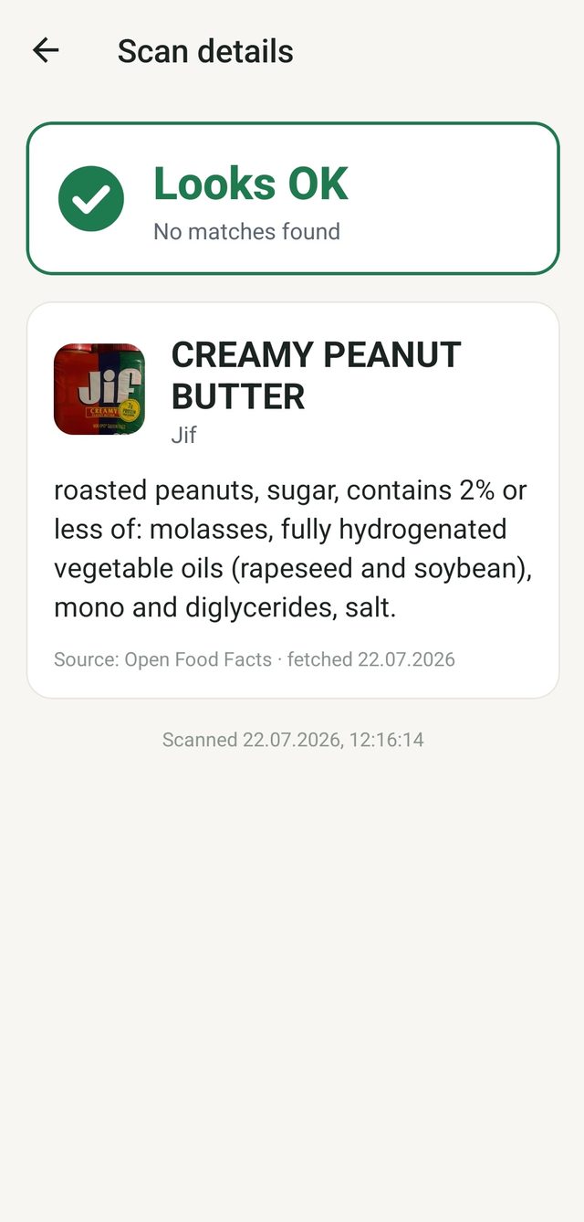 Scallergy showing a Looks OK verdict for a scanned peanut butter product